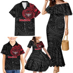 Personalized Essendon Bombers Polynesian Family Matching Mermaid Dress and Hawaiian Shirt Tribal Chest and Sleeve Tattoo Heritage Warrior