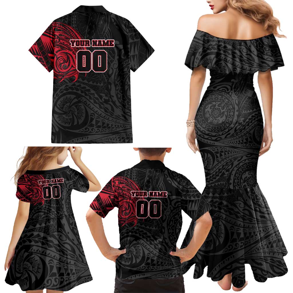 Personalized Essendon Bombers Polynesian Family Matching Mermaid Dress and Hawaiian Shirt Tribal Chest and Sleeve Tattoo Heritage Warrior