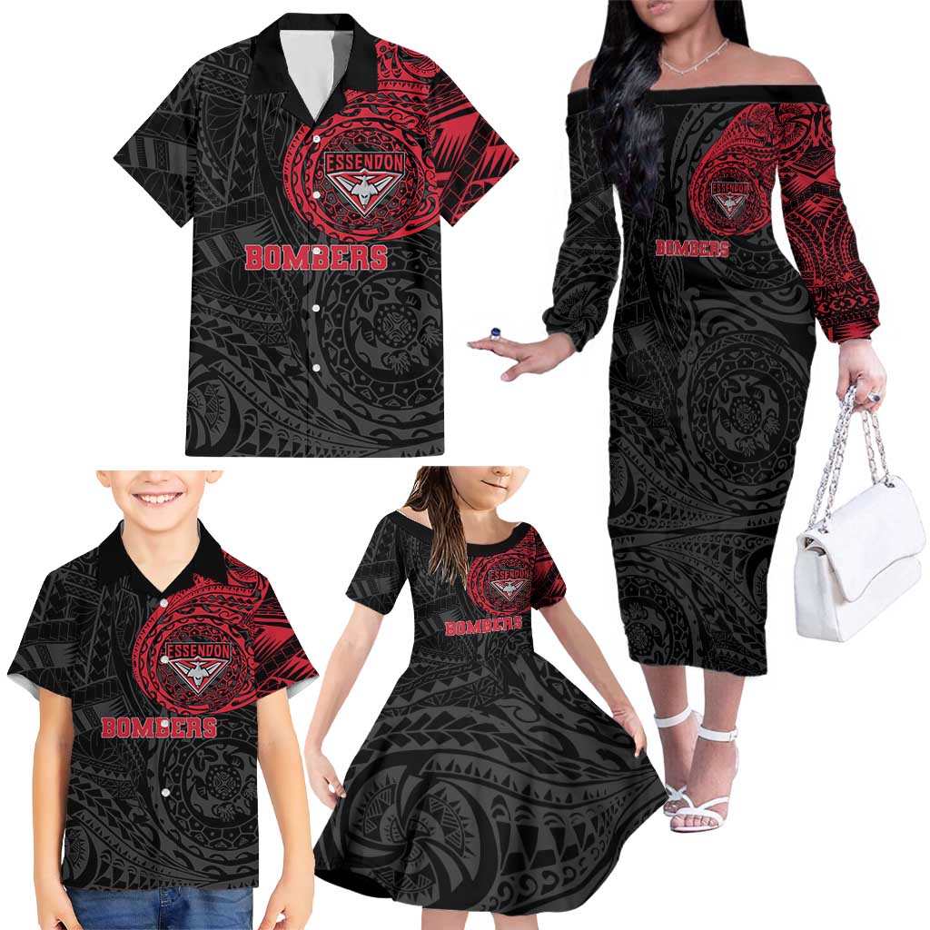 Personalized Essendon Bombers Polynesian Family Matching Off The Shoulder Long Sleeve Dress and Hawaiian Shirt Tribal Chest and Sleeve Tattoo Heritage Warrior
