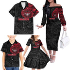 Personalized Essendon Bombers Polynesian Family Matching Off The Shoulder Long Sleeve Dress and Hawaiian Shirt Tribal Chest and Sleeve Tattoo Heritage Warrior