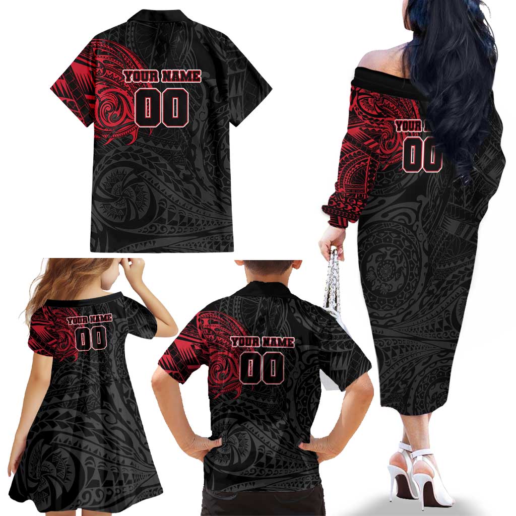 Personalized Essendon Bombers Polynesian Family Matching Off The Shoulder Long Sleeve Dress and Hawaiian Shirt Tribal Chest and Sleeve Tattoo Heritage Warrior
