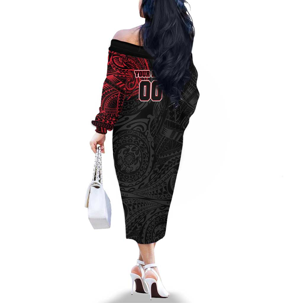 Personalized Essendon Bombers Polynesian Family Matching Off The Shoulder Long Sleeve Dress and Hawaiian Shirt Tribal Chest and Sleeve Tattoo Heritage Warrior