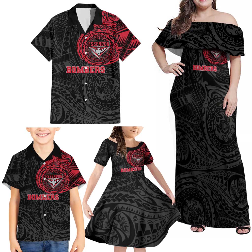 Personalized Essendon Bombers Polynesian Family Matching Off Shoulder Maxi Dress and Hawaiian Shirt Tribal Chest and Sleeve Tattoo Heritage Warrior