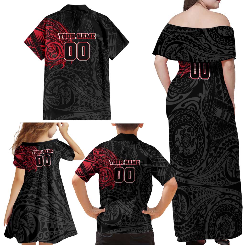 Personalized Essendon Bombers Polynesian Family Matching Off Shoulder Maxi Dress and Hawaiian Shirt Tribal Chest and Sleeve Tattoo Heritage Warrior