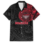 Personalized Essendon Bombers Polynesian Family Matching Off Shoulder Maxi Dress and Hawaiian Shirt Tribal Chest and Sleeve Tattoo Heritage Warrior
