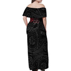 Personalized Essendon Bombers Polynesian Family Matching Off Shoulder Maxi Dress and Hawaiian Shirt Tribal Chest and Sleeve Tattoo Heritage Warrior