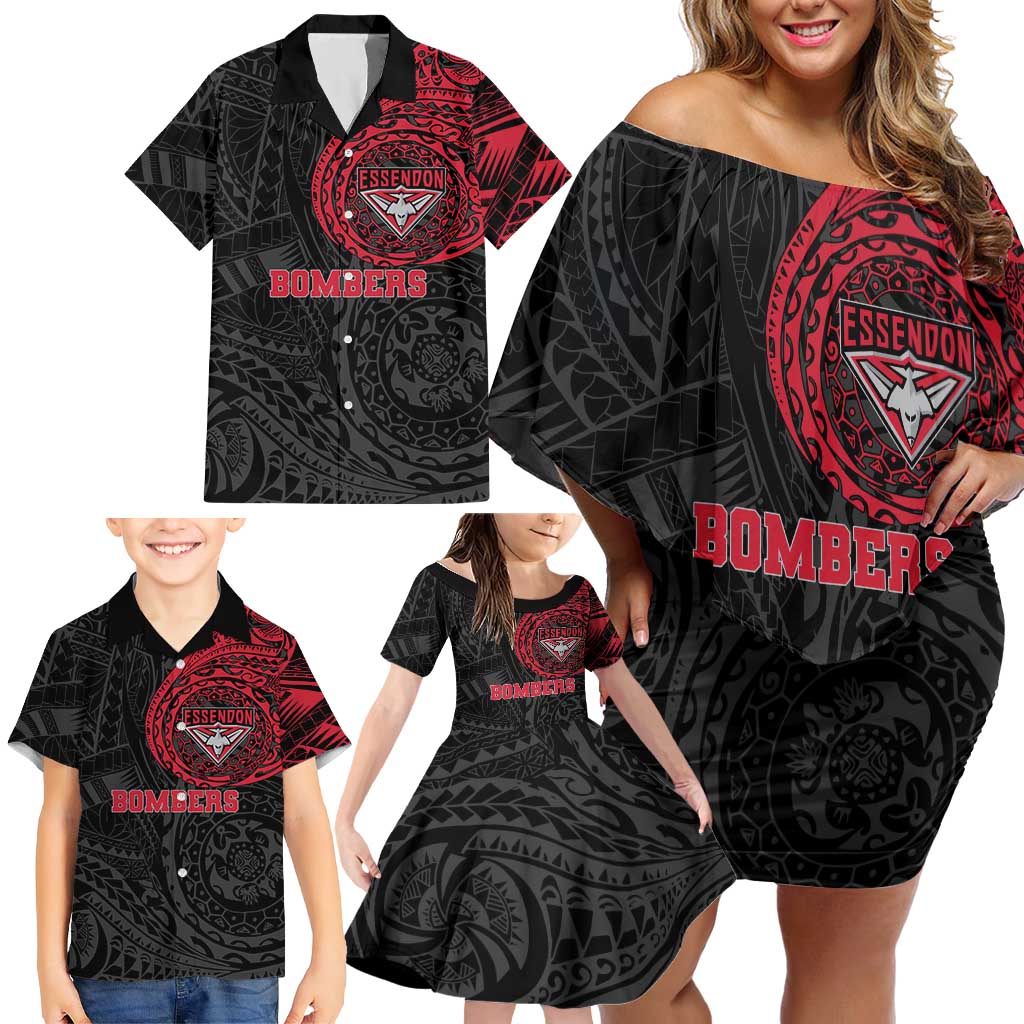 Personalized Essendon Bombers Polynesian Family Matching Off Shoulder Short Dress and Hawaiian Shirt Tribal Chest and Sleeve Tattoo Heritage Warrior