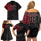 Personalized Essendon Bombers Polynesian Family Matching Off Shoulder Short Dress and Hawaiian Shirt Tribal Chest and Sleeve Tattoo Heritage Warrior