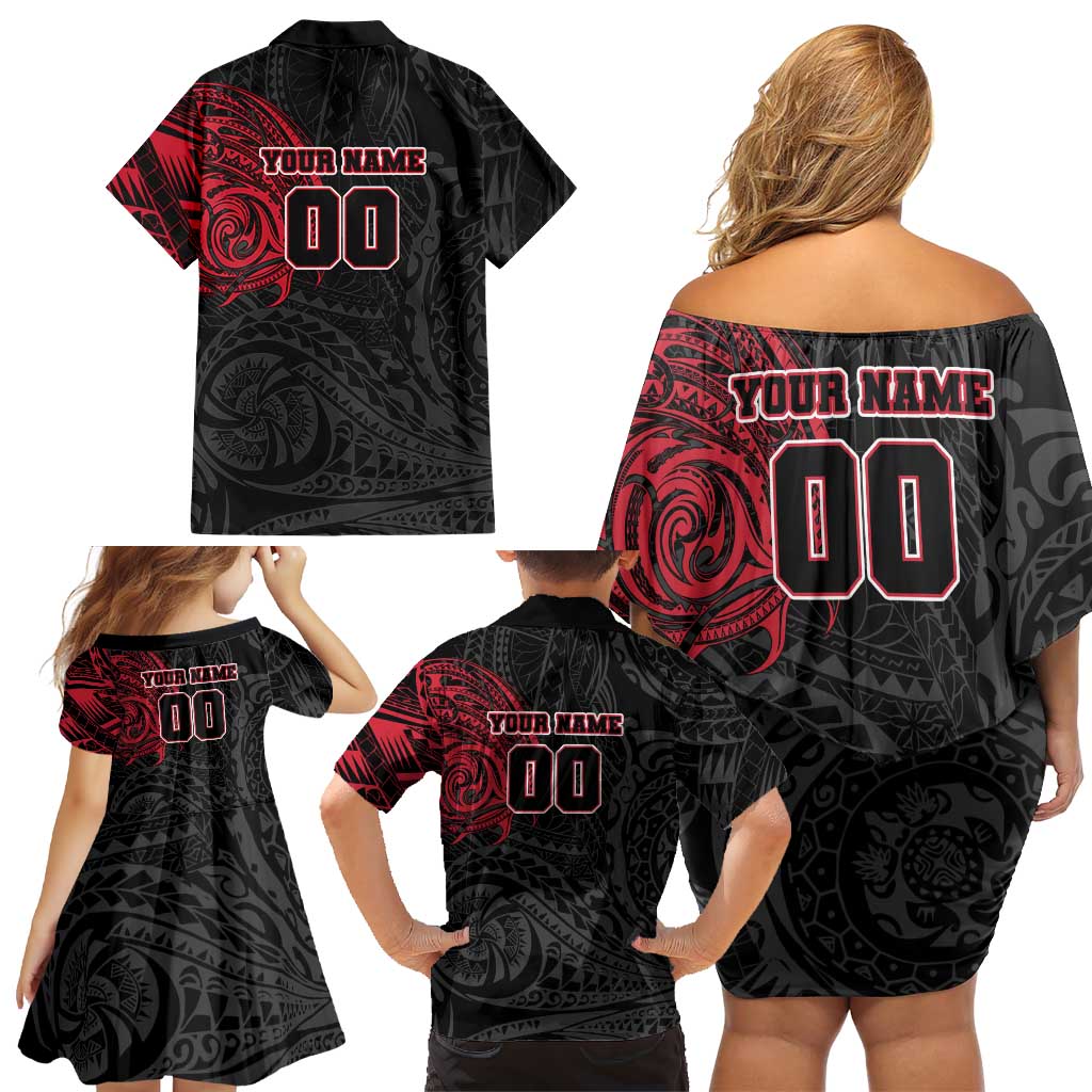 Personalized Essendon Bombers Polynesian Family Matching Off Shoulder Short Dress and Hawaiian Shirt Tribal Chest and Sleeve Tattoo Heritage Warrior