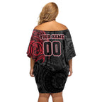 Personalized Essendon Bombers Polynesian Family Matching Off Shoulder Short Dress and Hawaiian Shirt Tribal Chest and Sleeve Tattoo Heritage Warrior