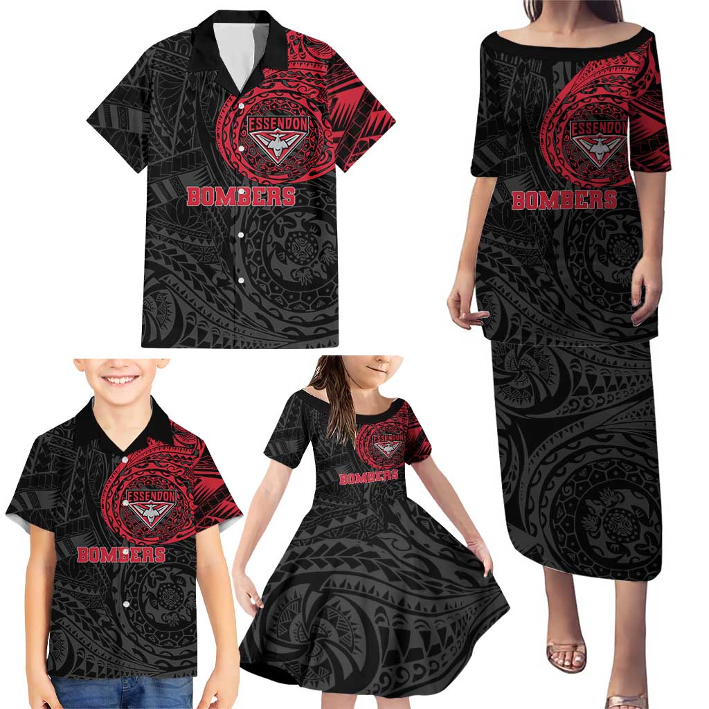 Personalized Essendon Bombers Polynesian Family Matching Puletasi and Hawaiian Shirt Tribal Chest and Sleeve Tattoo Heritage Warrior