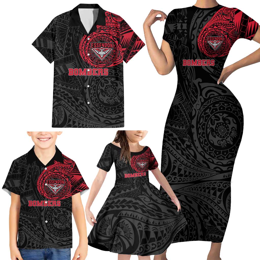 Personalized Essendon Bombers Polynesian Family Matching Short Sleeve Bodycon Dress and Hawaiian Shirt Tribal Chest and Sleeve Tattoo Heritage Warrior