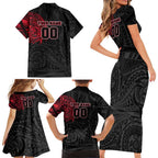 Personalized Essendon Bombers Polynesian Family Matching Short Sleeve Bodycon Dress and Hawaiian Shirt Tribal Chest and Sleeve Tattoo Heritage Warrior