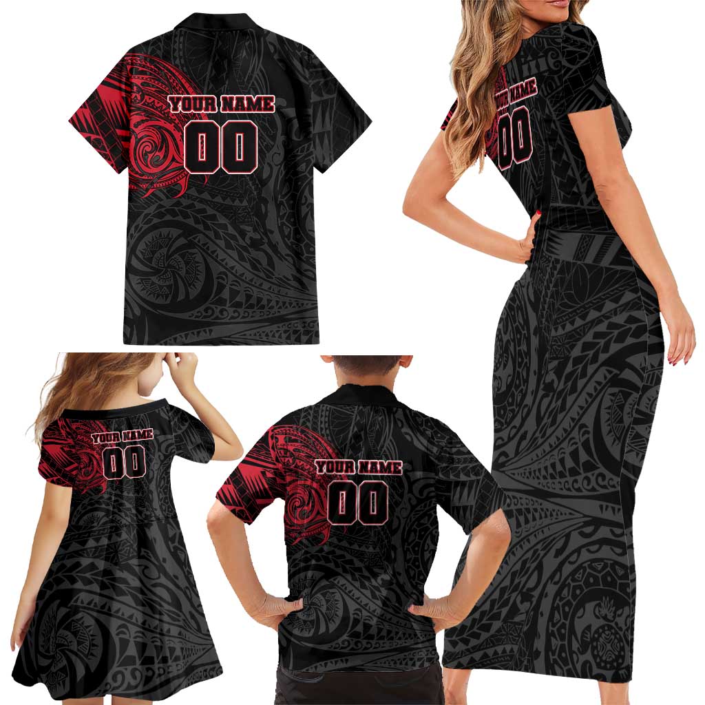 Personalized Essendon Bombers Polynesian Family Matching Short Sleeve Bodycon Dress and Hawaiian Shirt Tribal Chest and Sleeve Tattoo Heritage Warrior