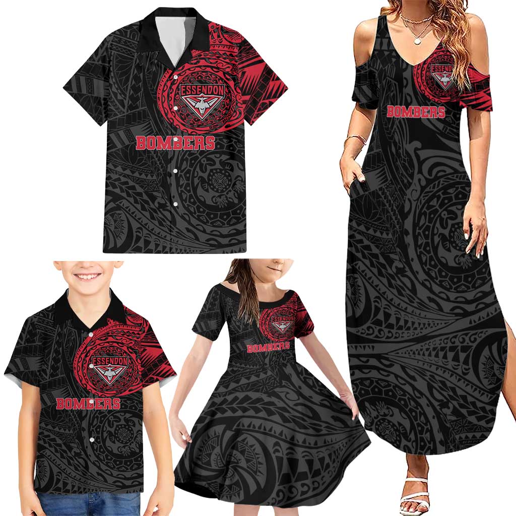 Personalized Essendon Bombers Polynesian Family Matching Summer Maxi Dress and Hawaiian Shirt Tribal Chest and Sleeve Tattoo Heritage Warrior