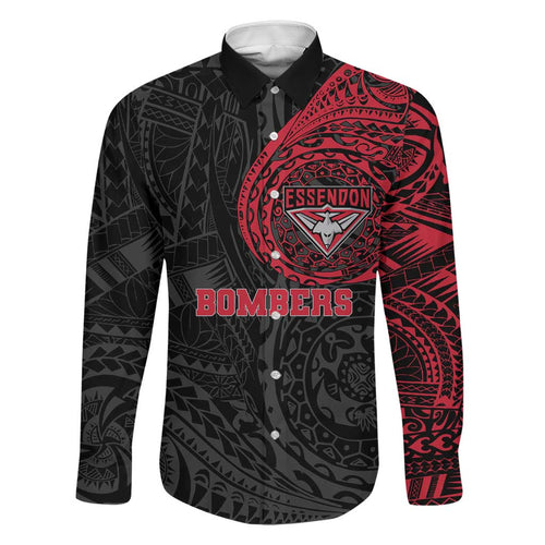 Personalized Essendon Bombers Polynesian Family Matching Summer Maxi Dress and Hawaiian Shirt Tribal Chest and Sleeve Tattoo Heritage Warrior