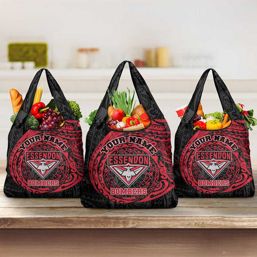 Personalized Essendon Bombers Polynesian Grocery Bag Tribal Chest and Sleeve Tattoo Heritage Warrior