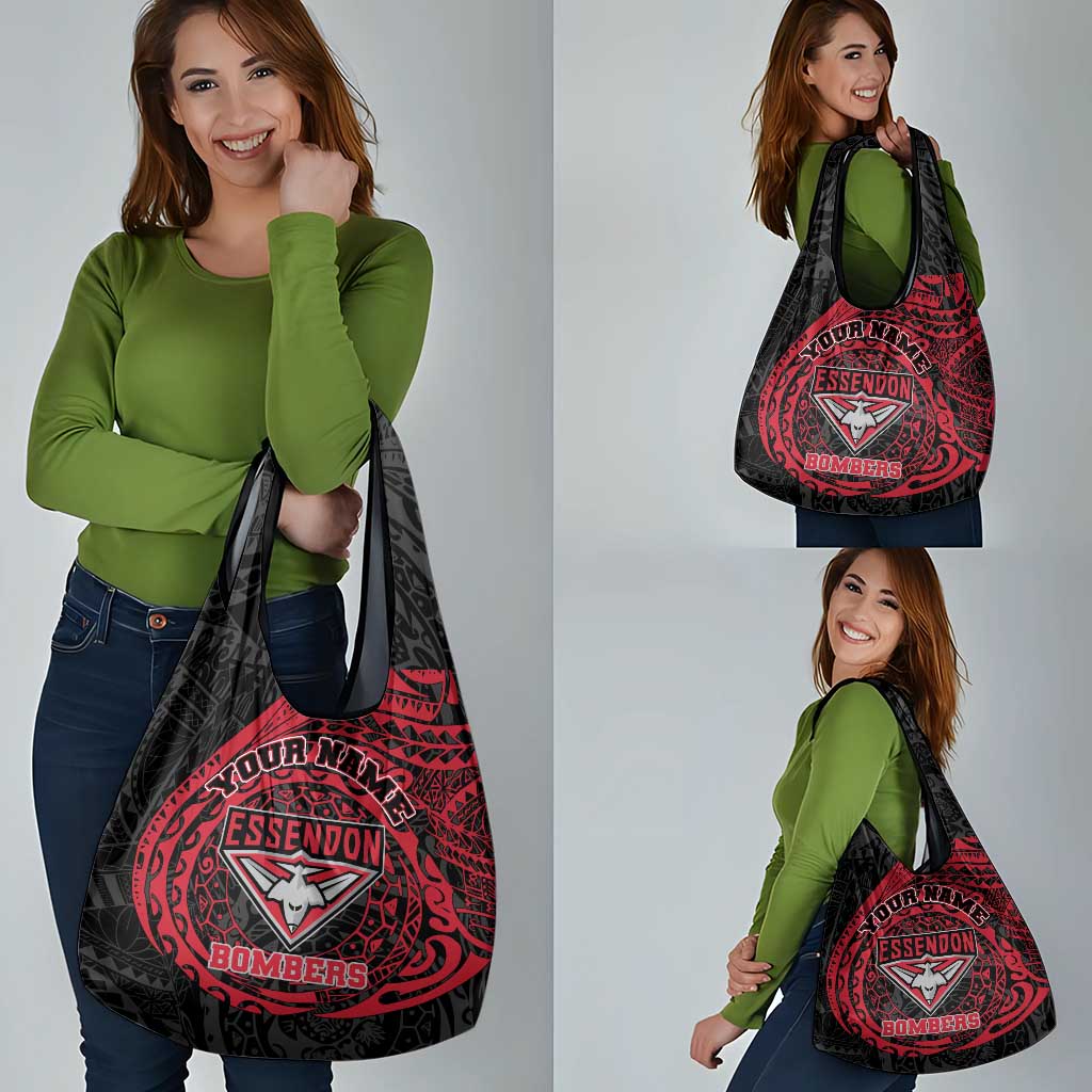 Personalized Essendon Bombers Polynesian Grocery Bag Tribal Chest and Sleeve Tattoo Heritage Warrior