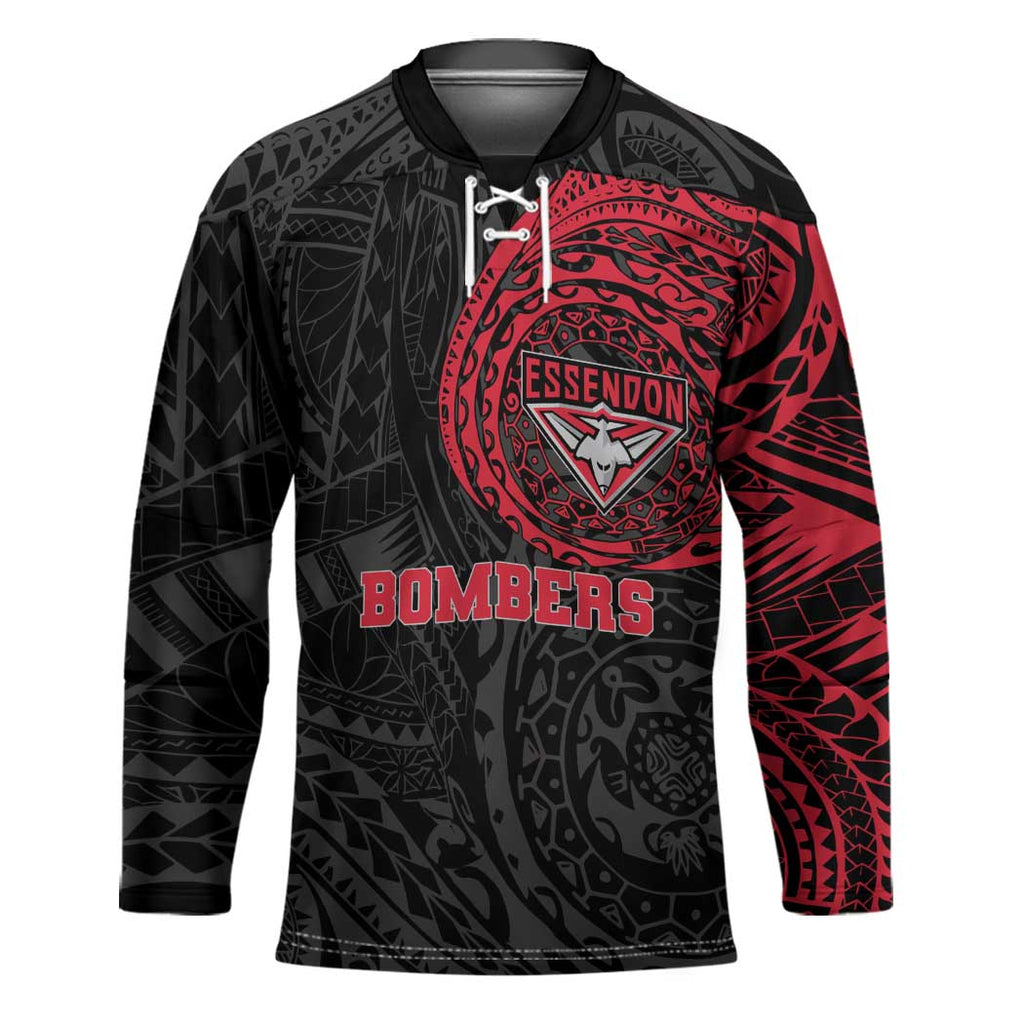 Personalized Essendon Bombers Polynesian Hockey Jersey Tribal Chest and Sleeve Tattoo Heritage Warrior