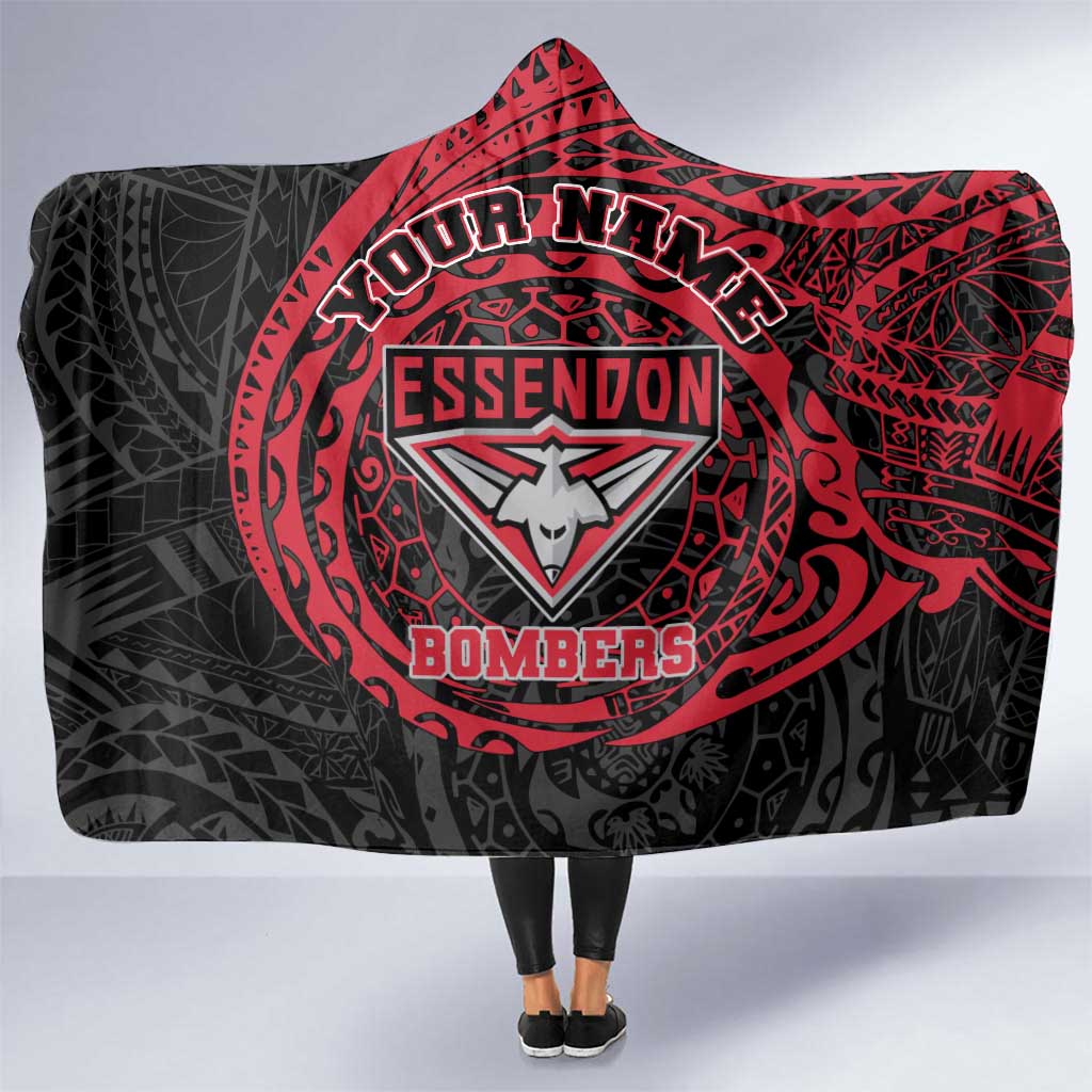 Personalized Essendon Bombers Polynesian Hooded Blanket Tribal Chest and Sleeve Tattoo Heritage Warrior