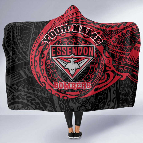 Personalized Essendon Bombers Polynesian Hooded Blanket Tribal Chest and Sleeve Tattoo Heritage Warrior