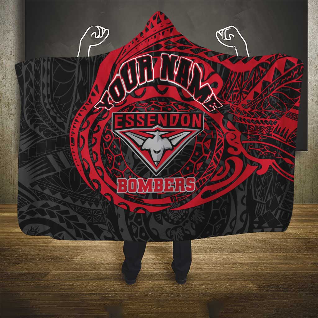 Personalized Essendon Bombers Polynesian Hooded Blanket Tribal Chest and Sleeve Tattoo Heritage Warrior