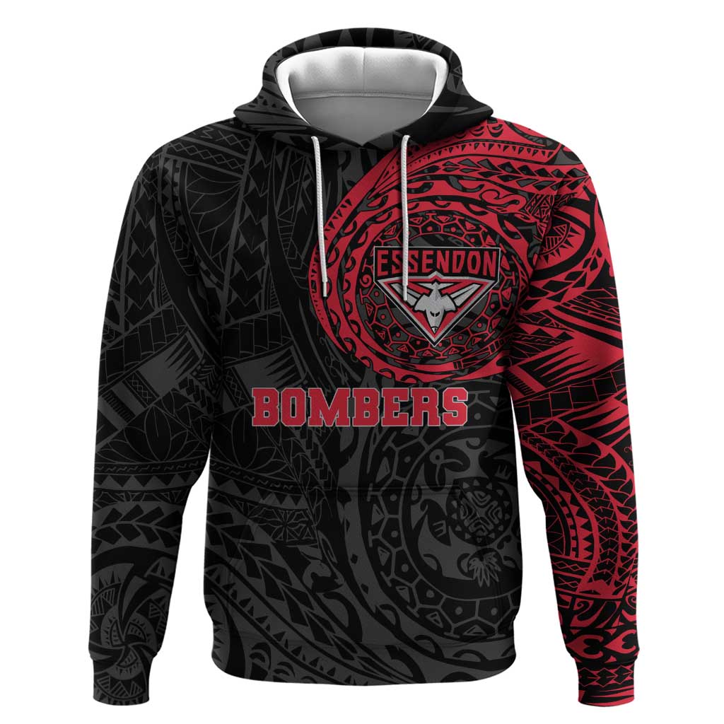 Personalized Essendon Bombers Polynesian Hoodie Tribal Chest and Sleeve Tattoo Heritage Warrior