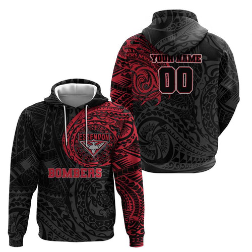 Personalized Essendon Bombers Polynesian Hoodie Tribal Chest and Sleeve Tattoo Heritage Warrior