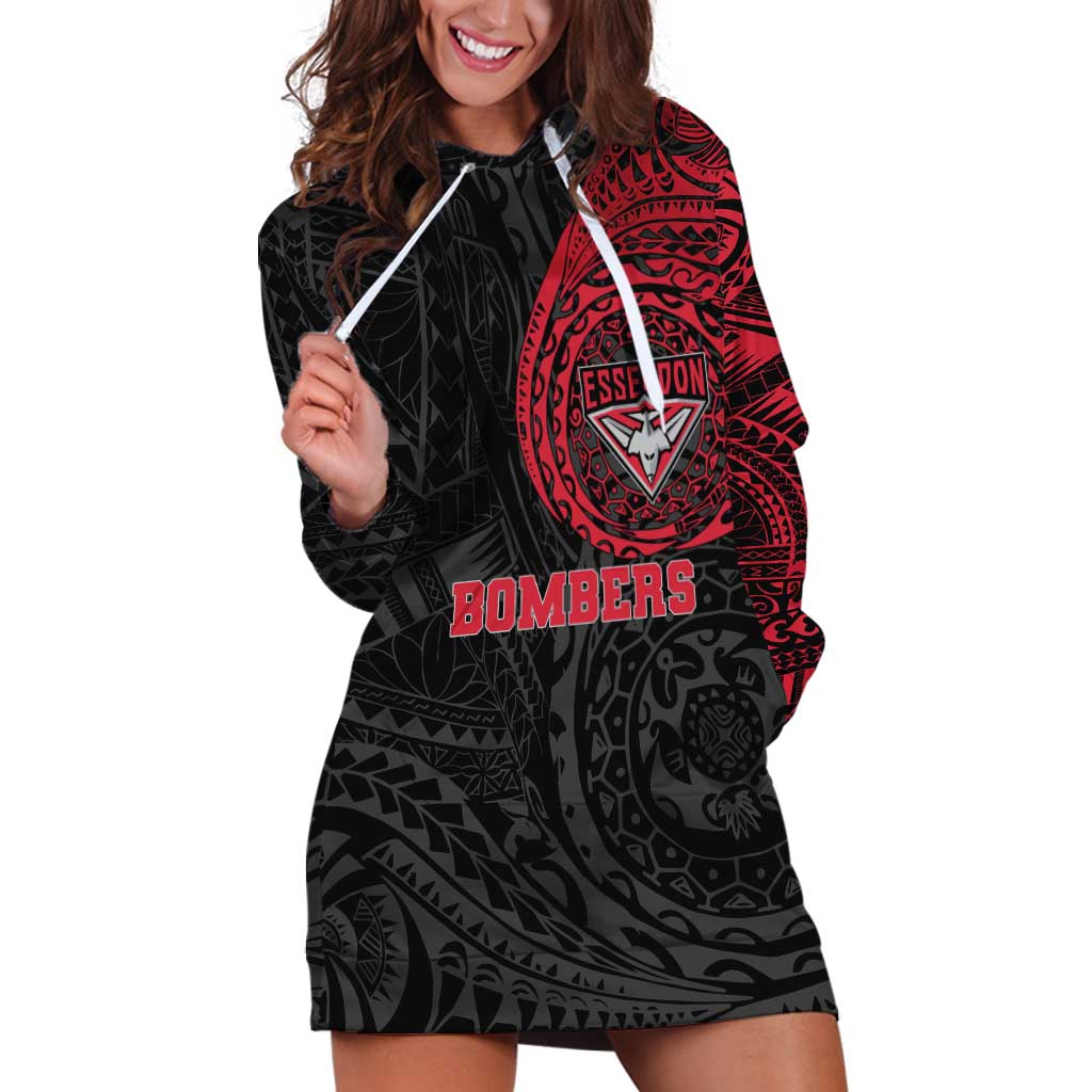 Personalized Essendon Bombers Polynesian Hoodie Dress Tribal Chest and Sleeve Tattoo Heritage Warrior