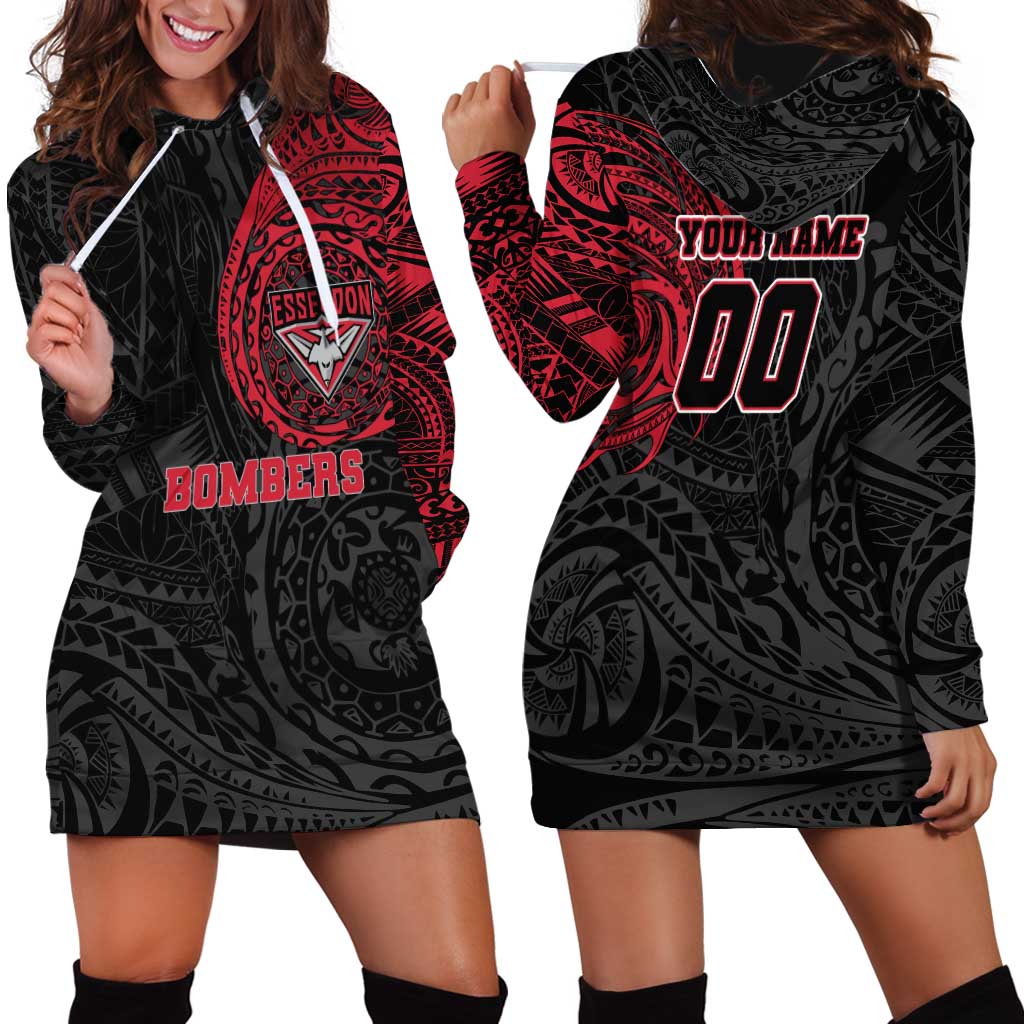 Personalized Essendon Bombers Polynesian Hoodie Dress Tribal Chest and Sleeve Tattoo Heritage Warrior
