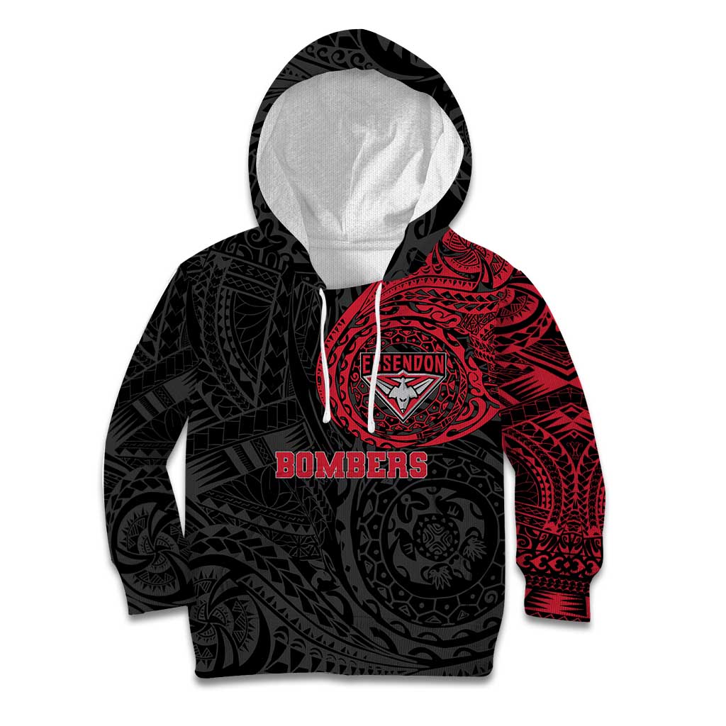 Personalized Essendon Bombers Polynesian Kid Hoodie Tribal Chest and Sleeve Tattoo Heritage Warrior