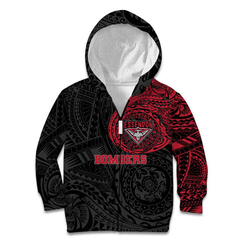 Personalized Essendon Bombers Polynesian Kid Hoodie Tribal Chest and Sleeve Tattoo Heritage Warrior