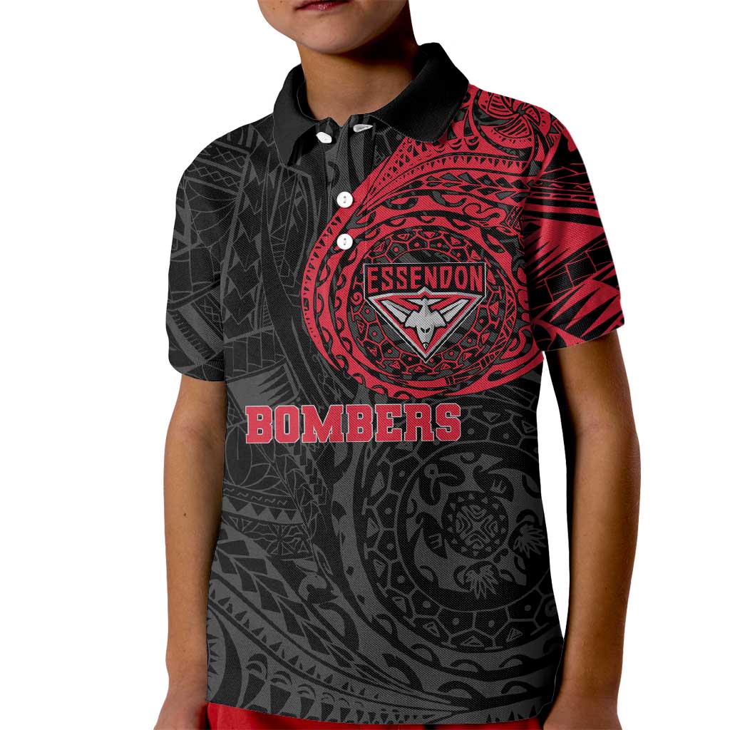 Personalized Essendon Bombers Polynesian Kid Polo Shirt Tribal Chest and Sleeve Tattoo Heritage Warrior