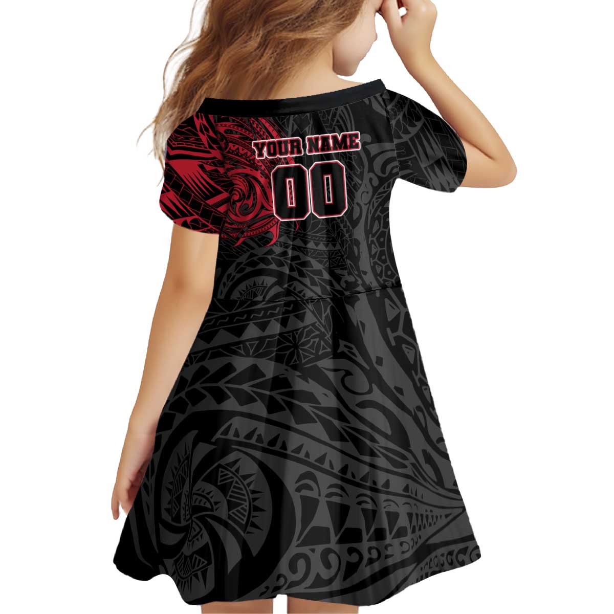 Personalized Essendon Bombers Polynesian Kid Short Sleeve Dress Tribal Chest and Sleeve Tattoo Heritage Warrior