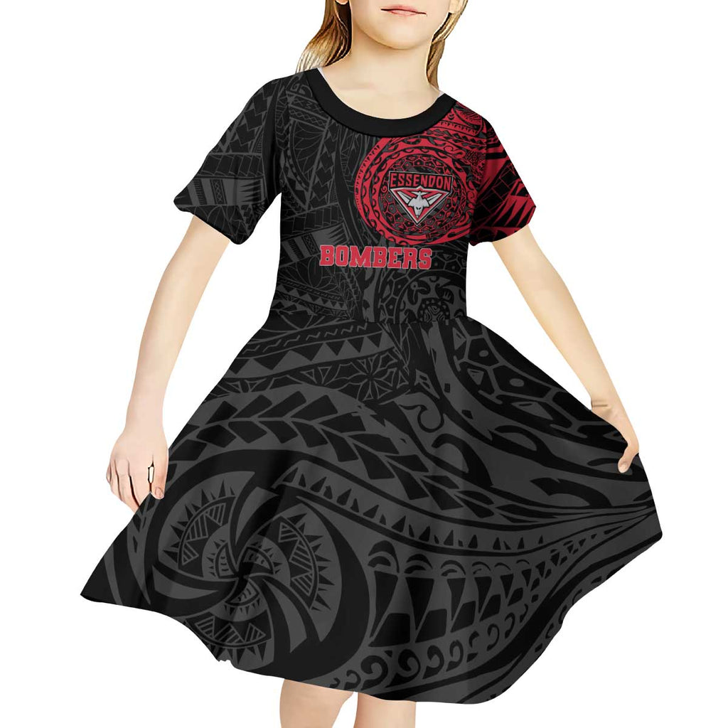 Personalized Essendon Bombers Polynesian Kid Short Sleeve Dress Tribal Chest and Sleeve Tattoo Heritage Warrior