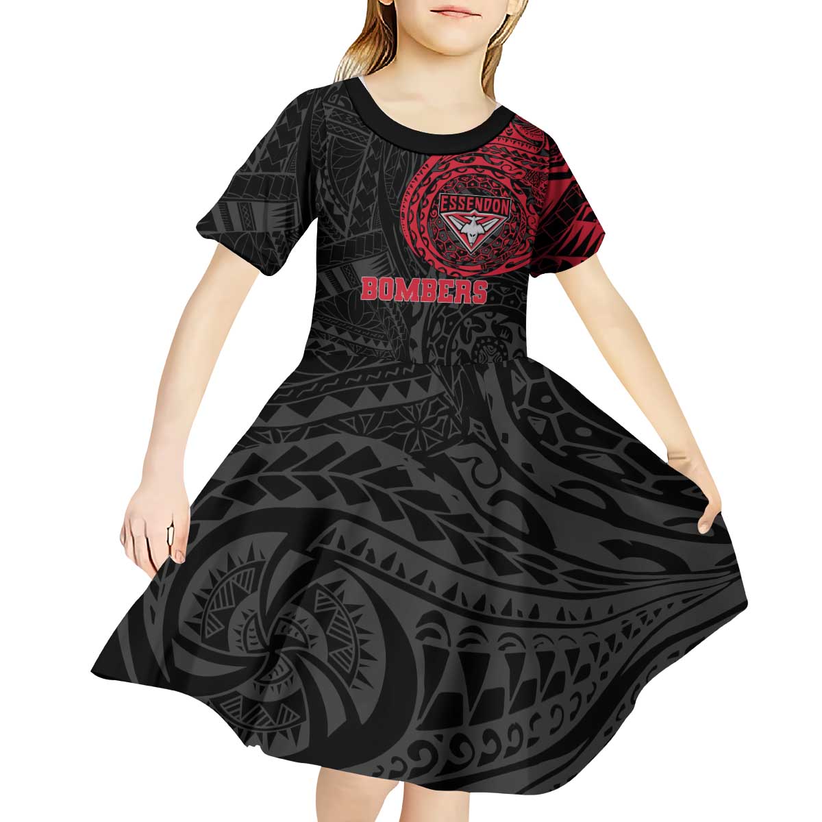 Personalized Essendon Bombers Polynesian Kid Short Sleeve Dress Tribal Chest and Sleeve Tattoo Heritage Warrior