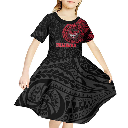 Personalized Essendon Bombers Polynesian Kid Short Sleeve Dress Tribal Chest and Sleeve Tattoo Heritage Warrior