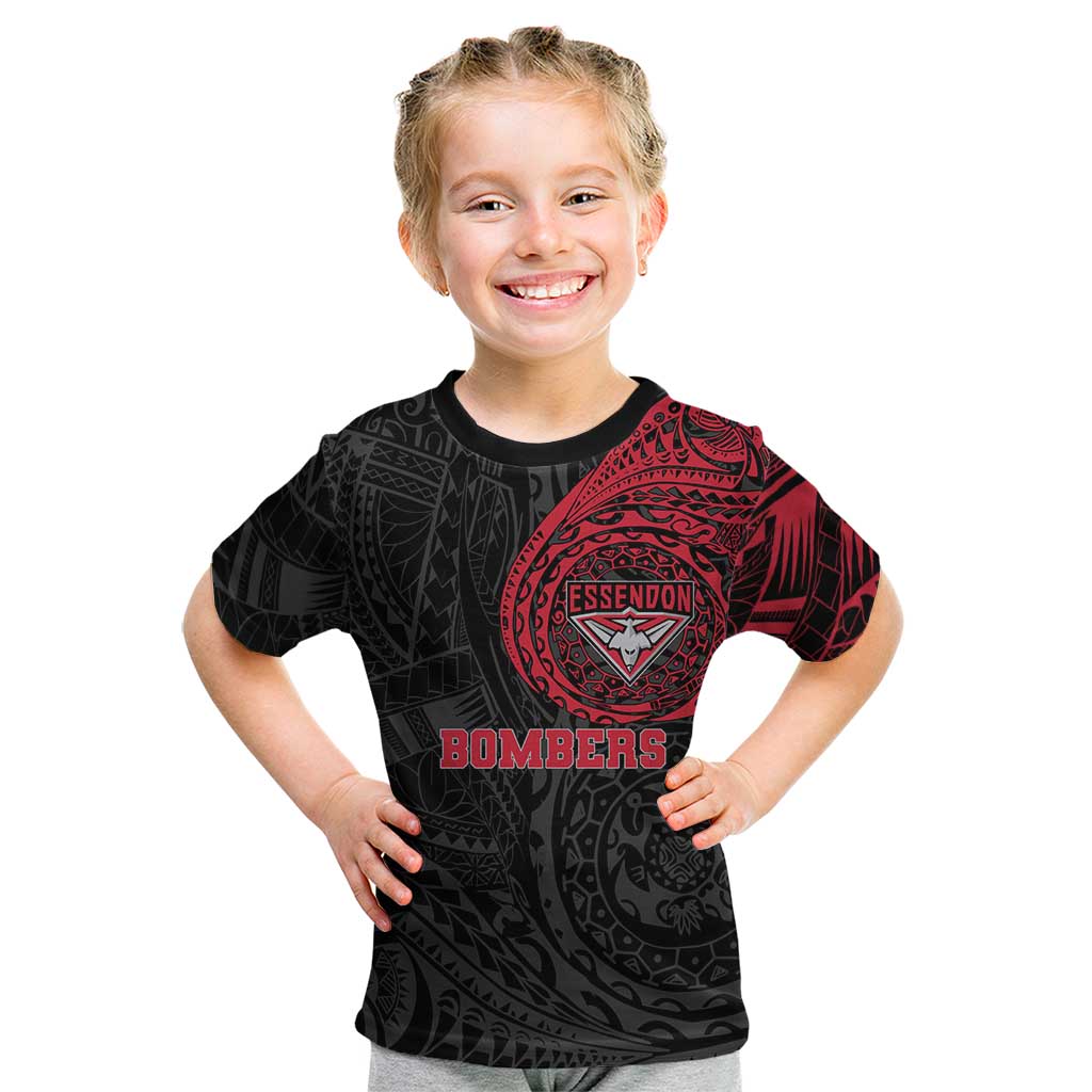 Personalized Essendon Bombers Polynesian Kid T Shirt Tribal Chest and Sleeve Tattoo Heritage Warrior
