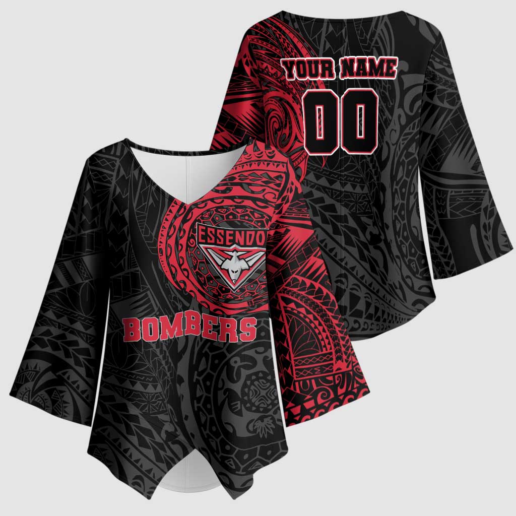 Personalized Essendon Bombers Polynesian Kimono Sleeve Blouse Tribal Chest and Sleeve Tattoo Heritage Warrior