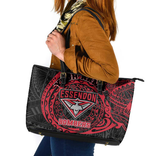 Personalized Essendon Bombers Polynesian Leather Tote Bag Tribal Chest and Sleeve Tattoo Heritage Warrior