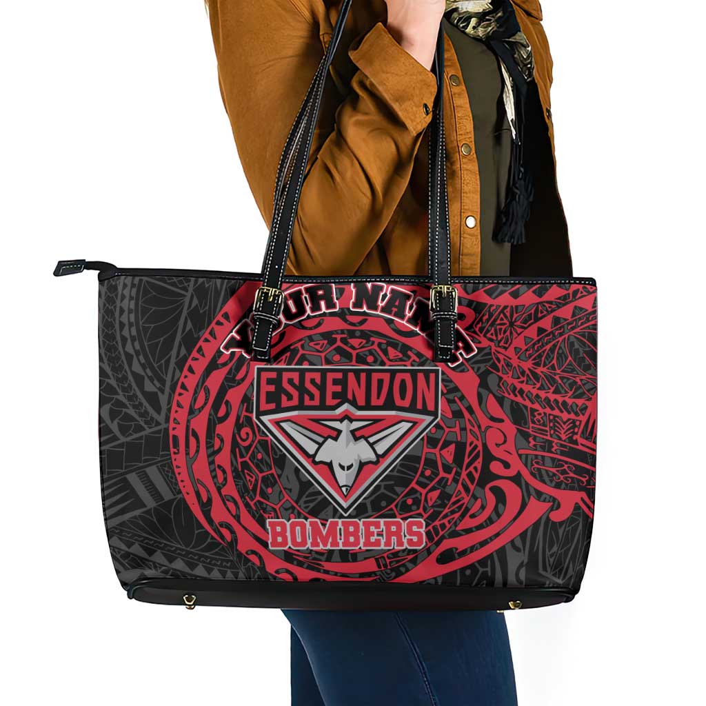 Personalized Essendon Bombers Polynesian Leather Tote Bag Tribal Chest and Sleeve Tattoo Heritage Warrior