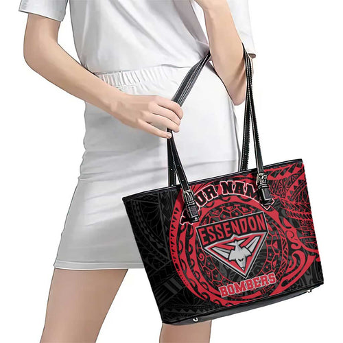 Personalized Essendon Bombers Polynesian Leather Tote Bag Tribal Chest and Sleeve Tattoo Heritage Warrior