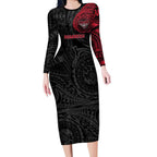 Personalized Essendon Bombers Polynesian Long Sleeve Bodycon Dress Tribal Chest and Sleeve Tattoo Heritage Warrior