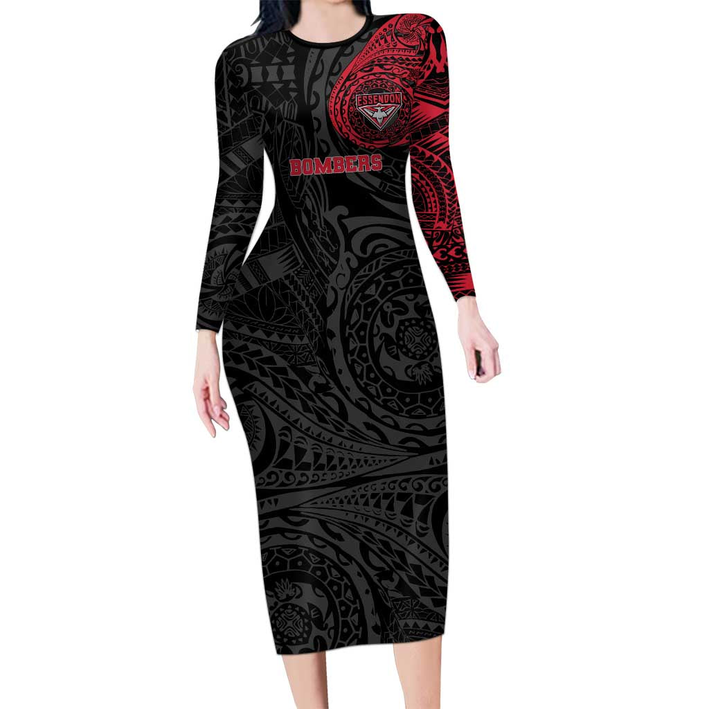 Personalized Essendon Bombers Polynesian Long Sleeve Bodycon Dress Tribal Chest and Sleeve Tattoo Heritage Warrior