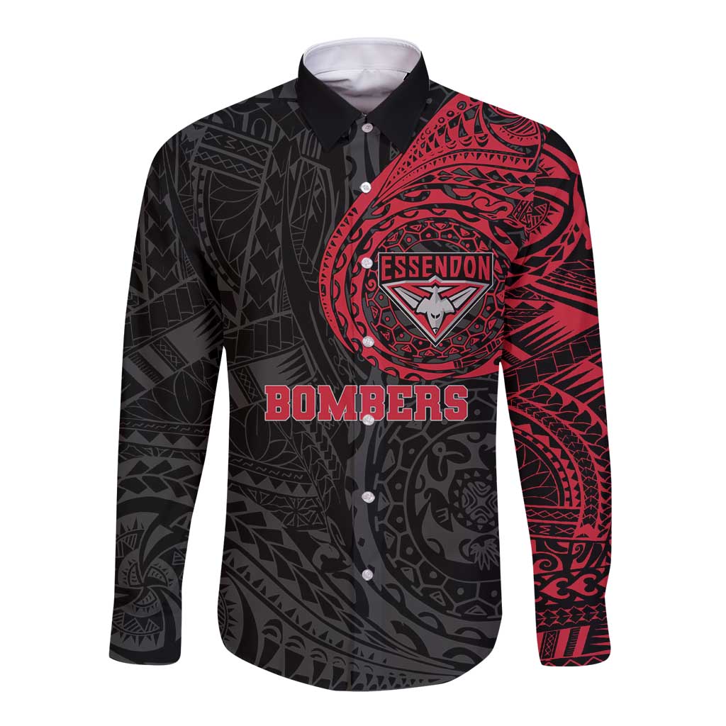 Personalized Essendon Bombers Polynesian Long Sleeve Button Shirt Tribal Chest and Sleeve Tattoo Heritage Warrior