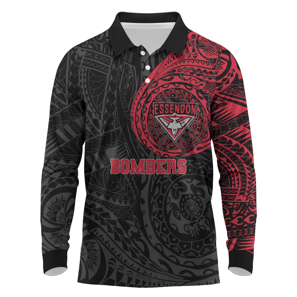 Personalized Essendon Bombers Polynesian Long Sleeve Polo Shirt Tribal Chest and Sleeve Tattoo Heritage Warrior