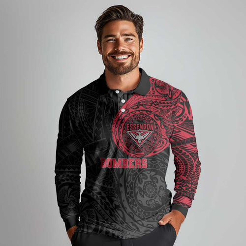 Personalized Essendon Bombers Polynesian Long Sleeve Polo Shirt Tribal Chest and Sleeve Tattoo Heritage Warrior