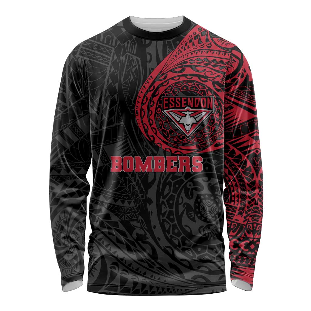Personalized Essendon Bombers Polynesian Long Sleeve Shirt Tribal Chest and Sleeve Tattoo Heritage Warrior