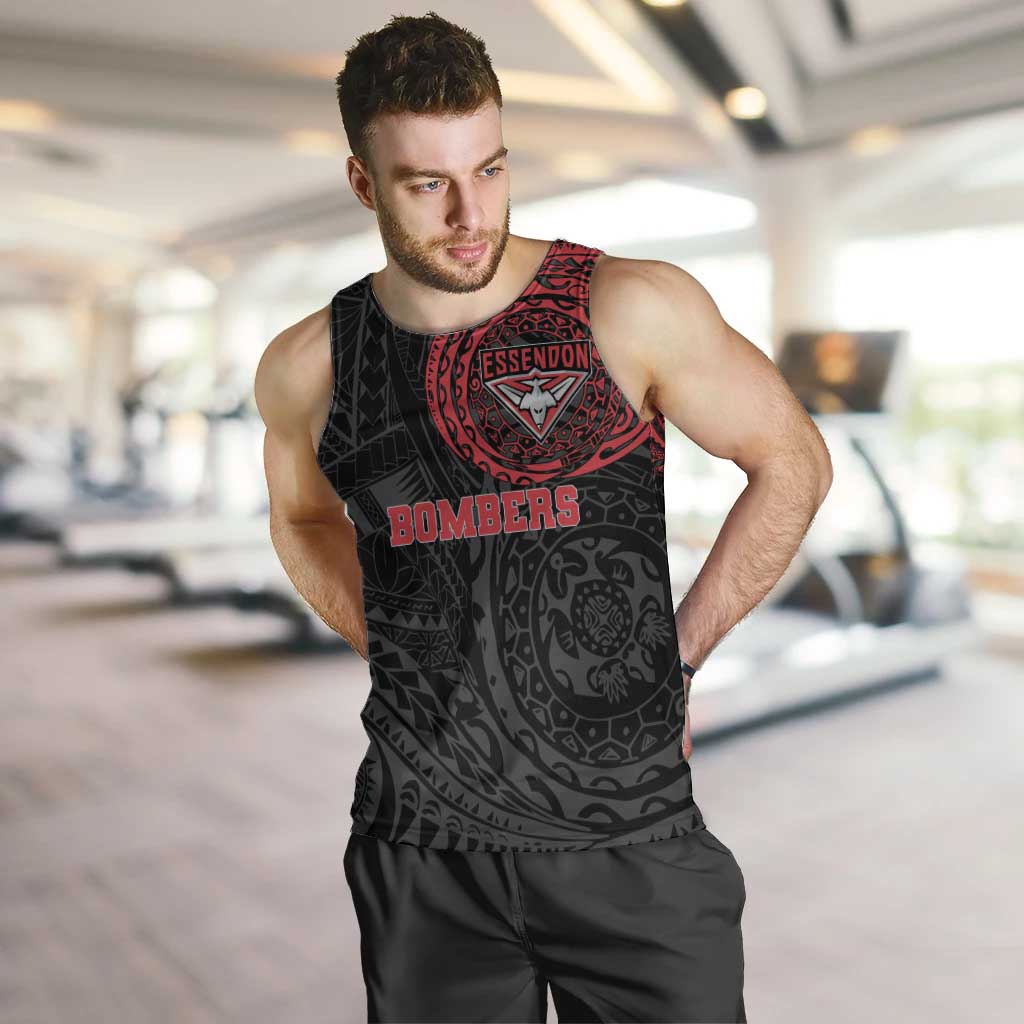 Personalized Essendon Bombers Polynesian Men Tank Top Tribal Chest and Sleeve Tattoo Heritage Warrior