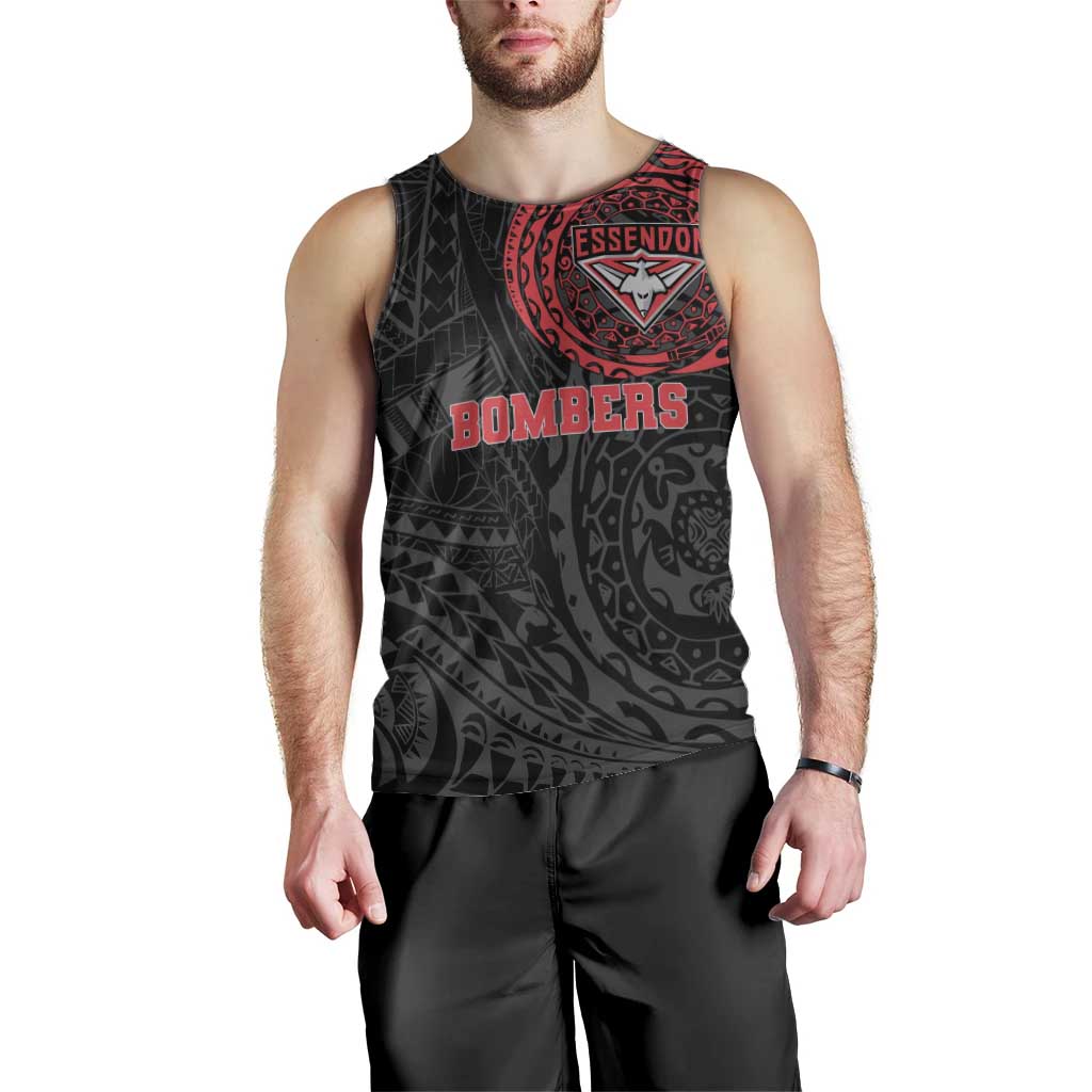 Personalized Essendon Bombers Polynesian Men Tank Top Tribal Chest and Sleeve Tattoo Heritage Warrior